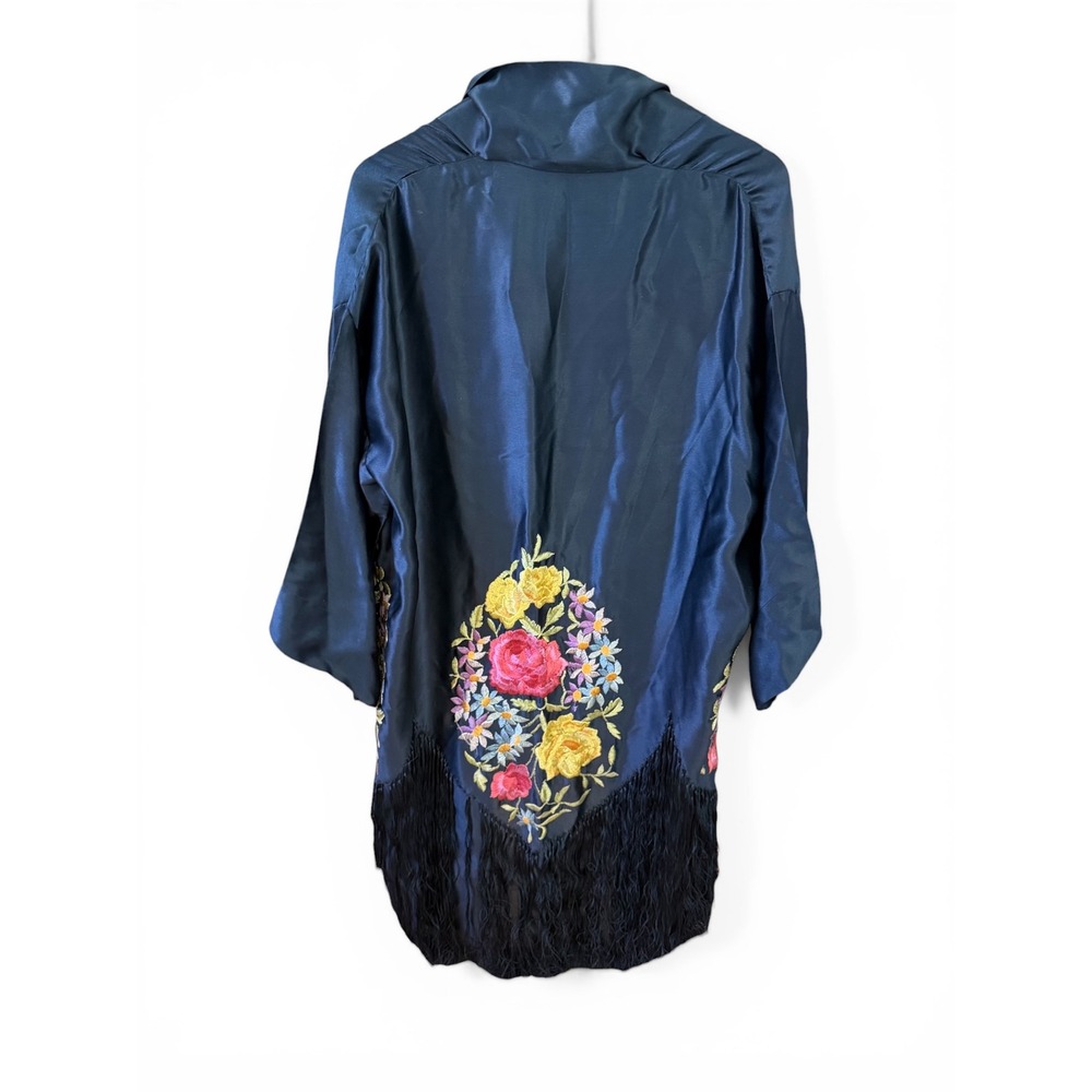 Vtg roaring 20s Embroidered Piano Shawl Kimono Black Fringe‎ Duster Robe boho L